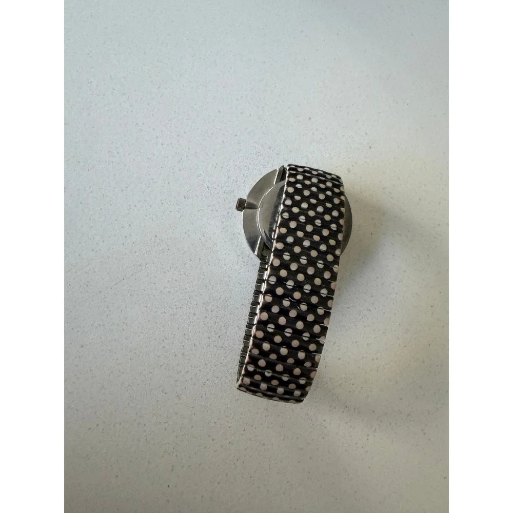 Embassy Quartz Watch Silver Tone Black Dial Polka Dot Stretch Band 0575